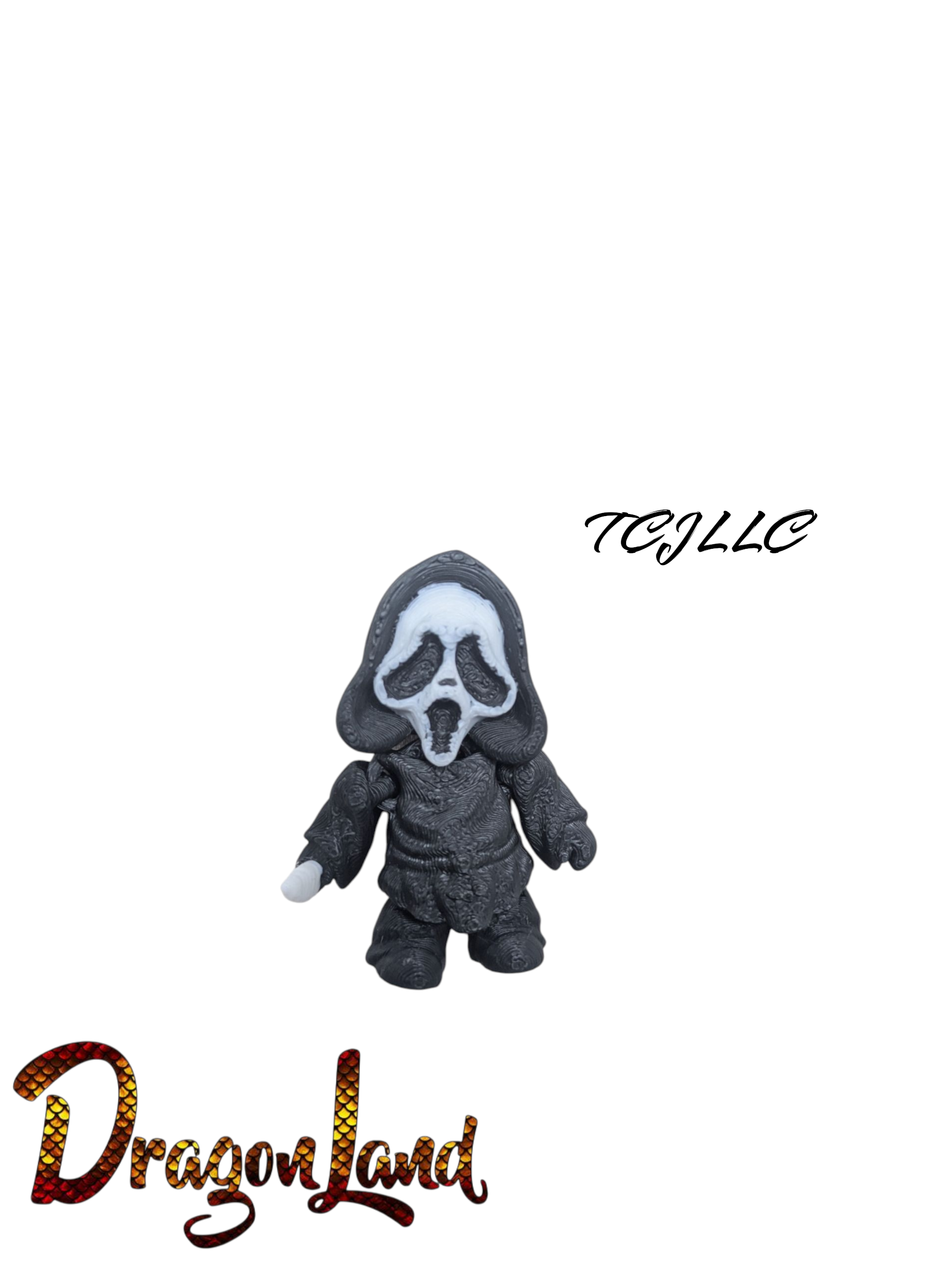 Ghost Face 3d printed with a hood and face on a white background, featuring 'DragonLand' and 'TCJ LLC' logos.
