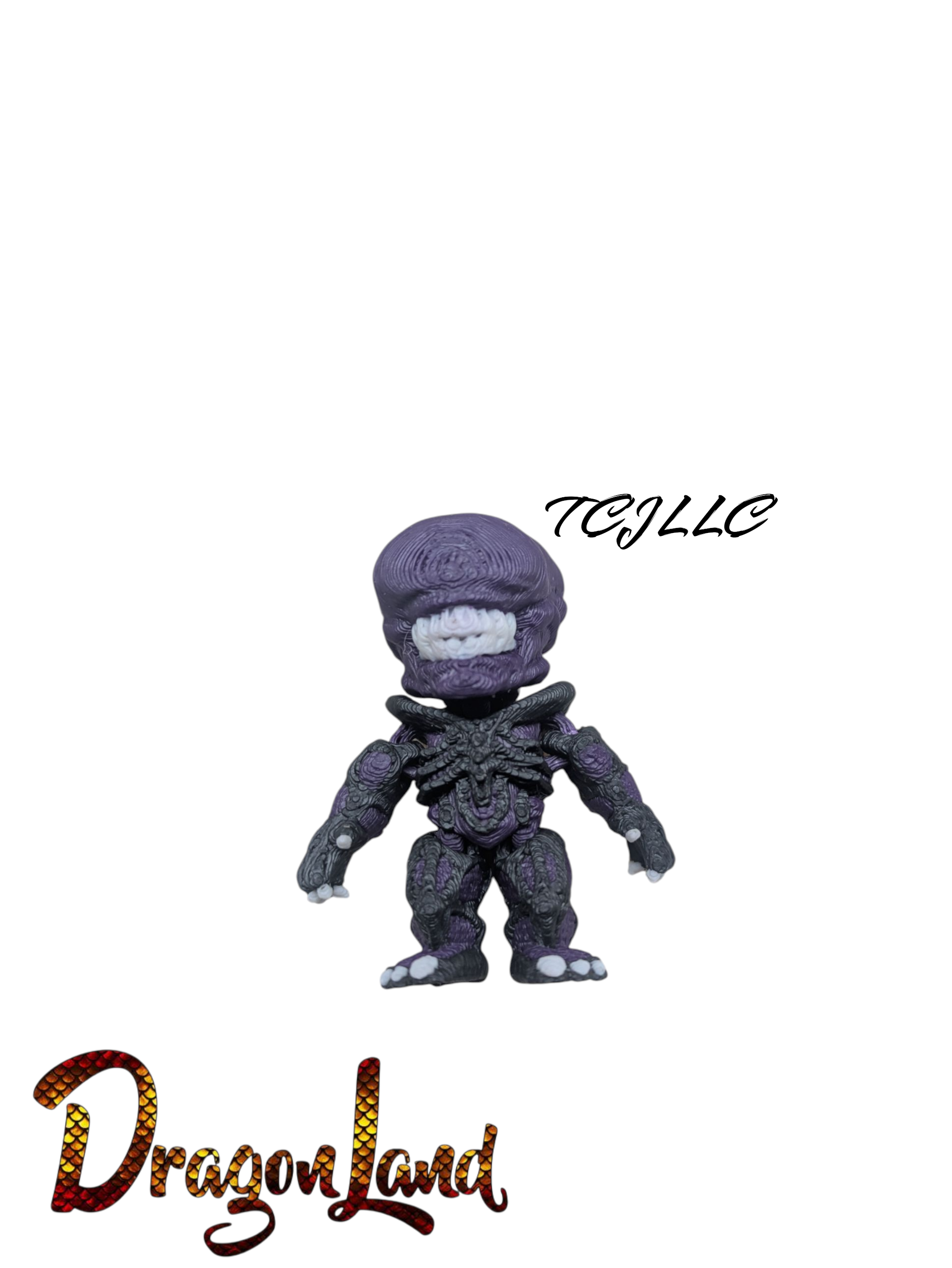 Purple monster toy figure with 'Dragon Land' and 'TCJ LLC' branding on a white background