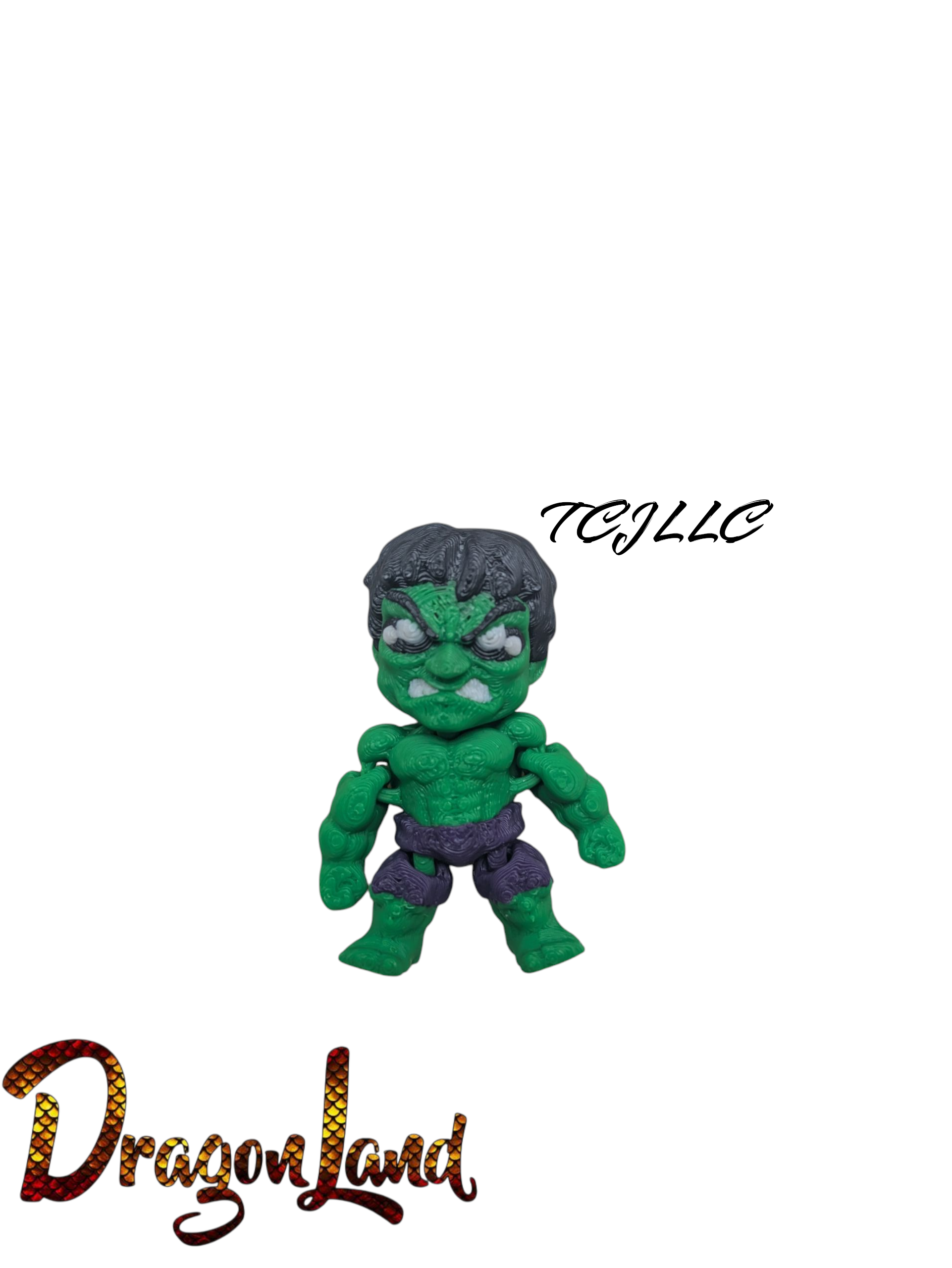 Green superhero figurine with black hair on a white background, featuring 'DragonLand' and 'TCJLLC' logos.